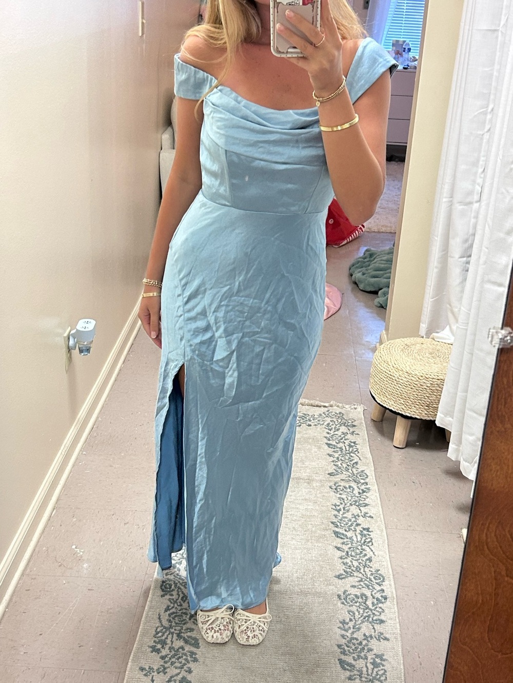 Off-Shoulder Light Blue Prom Gown with Front Slit